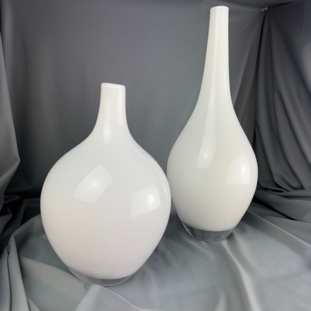 Set of 2 White Cased Glass Vases Scandinavian Minimalist Modern IKEA Style